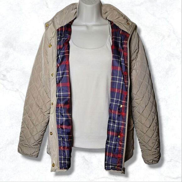 British Khaki Quilted Plaid Lined Zip/Button Outdoor Jacket - Picture 3 of 11